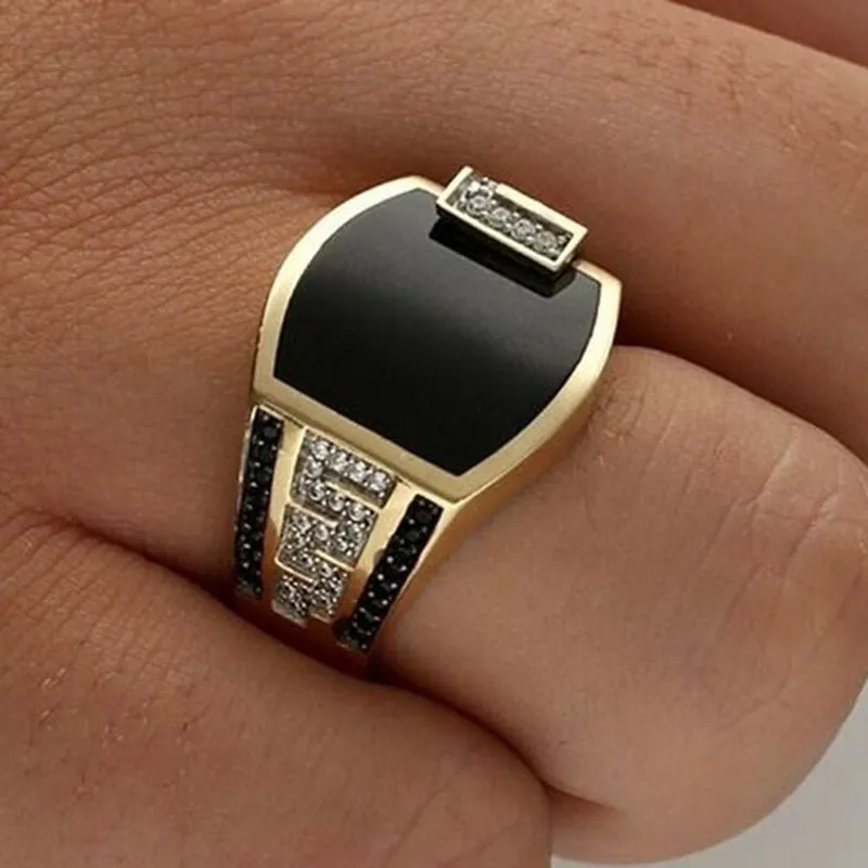 Classic Men's Ring Fashion Metal Gold Color Inlaid Black Stone Zircon Punk Rings for Men