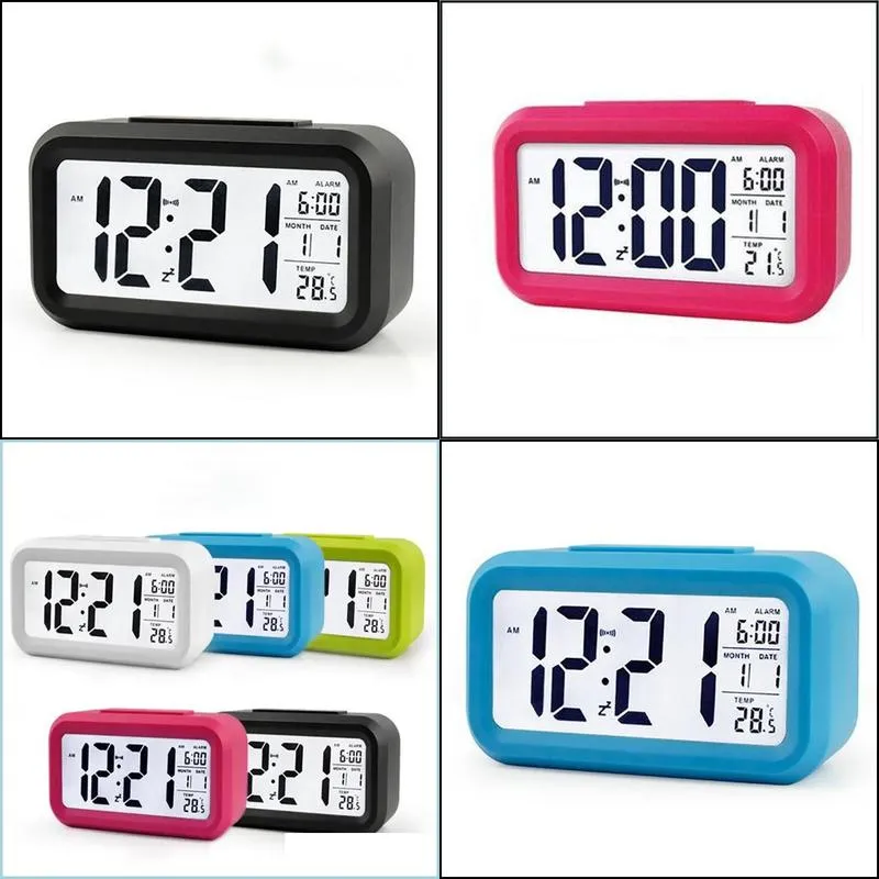 plastic mute alarm clock lcd smart clocks temperature cute photosensitive bedside digital alarms snooze nightlight calendar