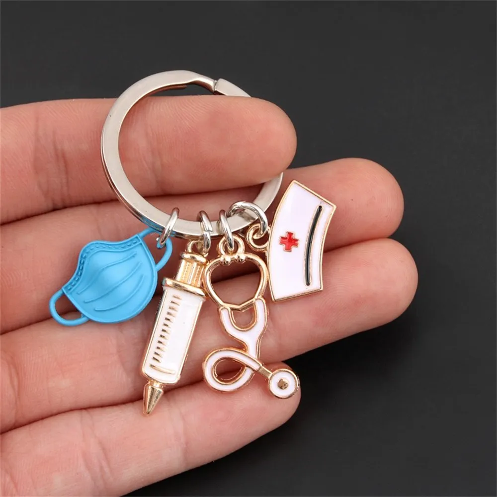 fashion nurse hat stethoscope syringe mask alloy keychain medical tool keychain pendant medical student gift keychain souvenir