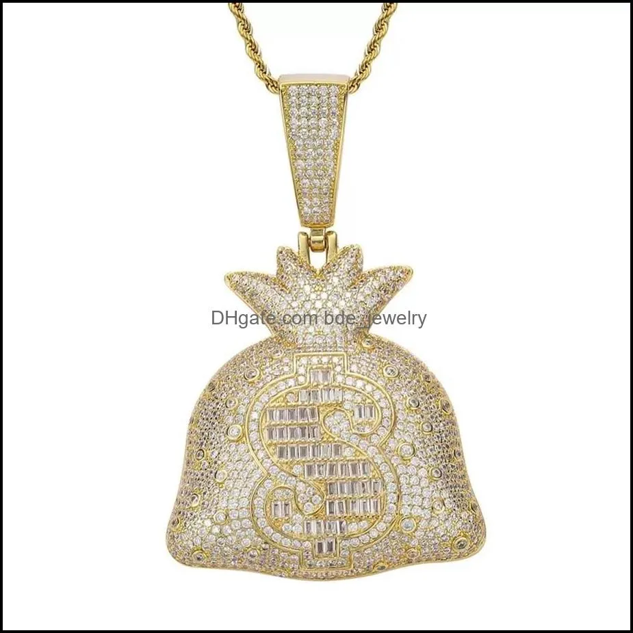 bling 18k gold dollar sign money bag necklace jewelry set cubic zirconia diamond hip hop necklaces wallet pendant women men stainl2998