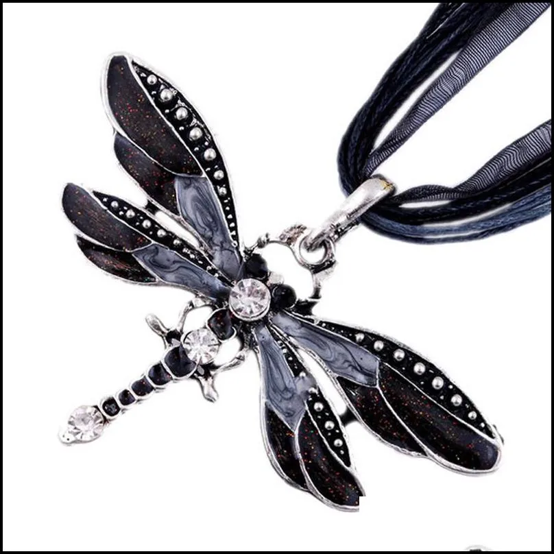 dragonfly pendant necklace for women lady crystal enamel dragonfly necklaces lace wax rope chain fashion jewelry