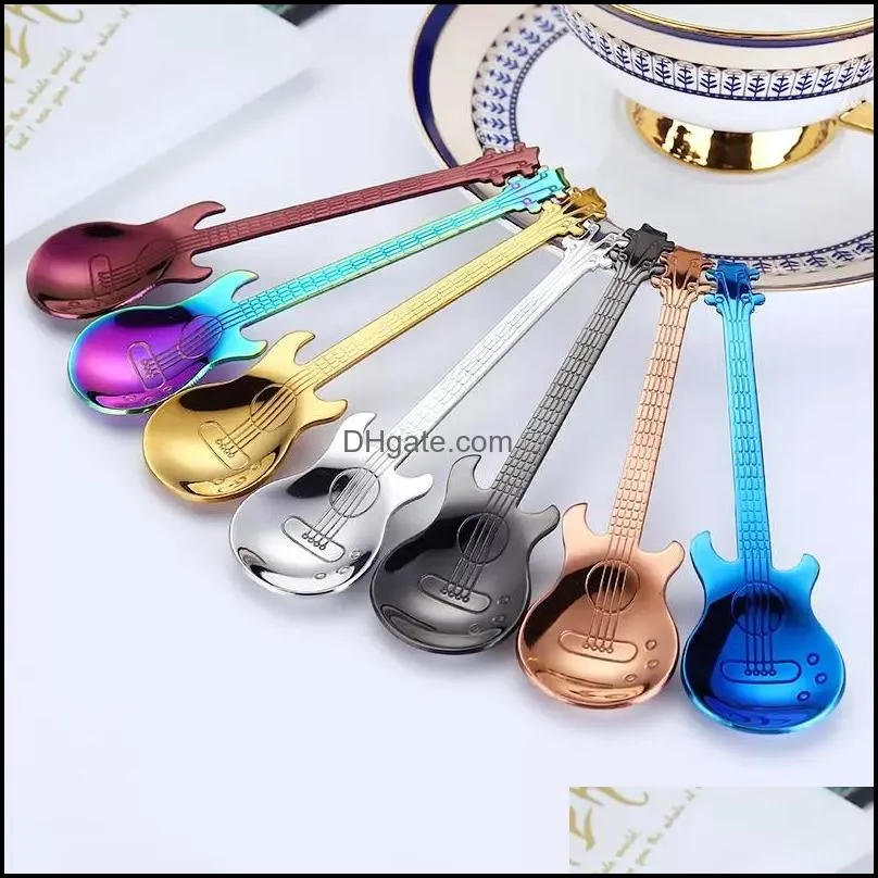 creative 304 stainless steel small coffee scoops guitar violin shape dessert spoon stirring spoon lovely titanium plated ice scoop