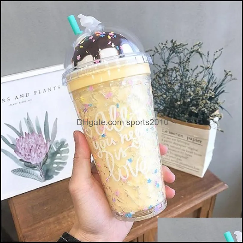 ice cream lids plastic water cups with straw kids couple milk juice drinks bottles doublelayer plastic mug