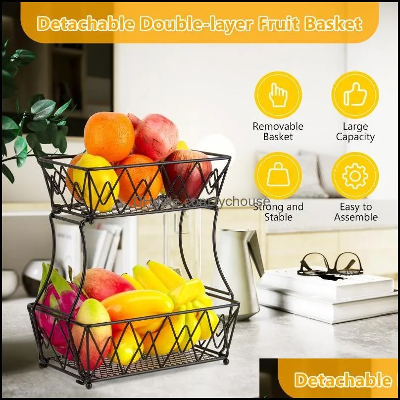 storage baskets household 2 tier fruit plate countertop metal basket holder tray stand can be folded