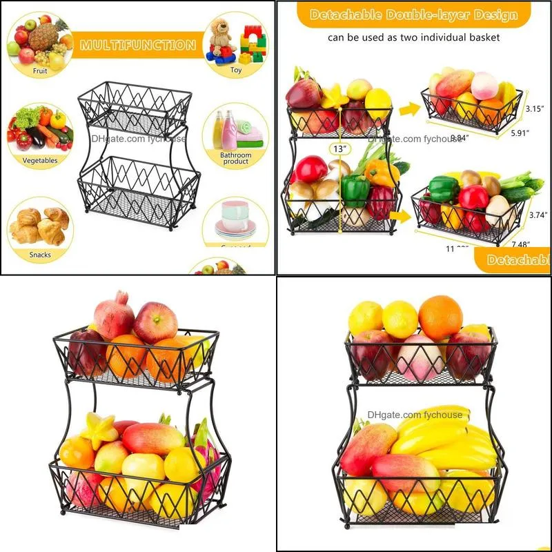 storage baskets household 2 tier fruit plate countertop metal basket holder tray stand can be folded