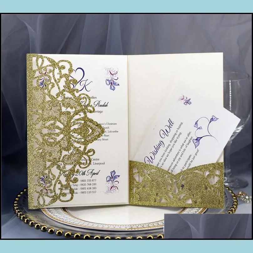 glitter laser cut wedding invitation cards hollow bridal shower wedding cards engagement birthday business graduation invitation card
