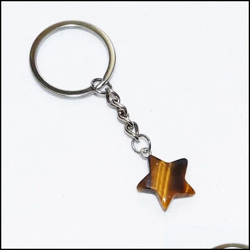 star shape reiki healing natural stone keychains chakra pink green black agate key rings keyrings women men jewelry