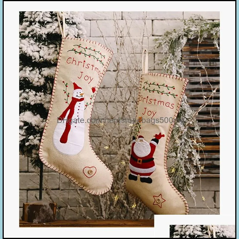 burlap embroidery christmas socks 46x18cm kids gift candy bag santa snowman design burlap embroidery xmas decorative stocking