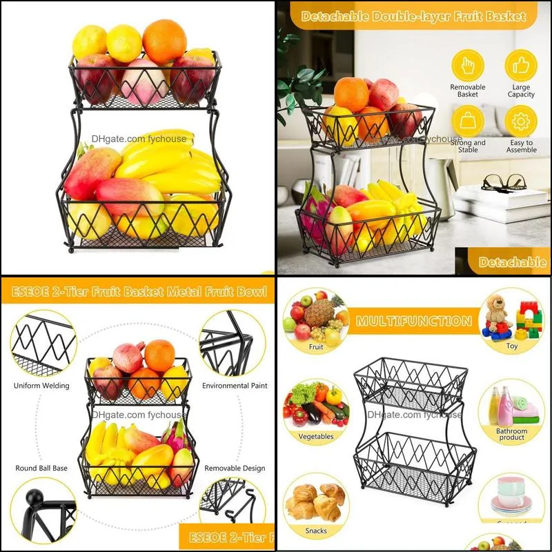 storage baskets household 2 tier fruit plate countertop metal basket holder tray stand can be folded