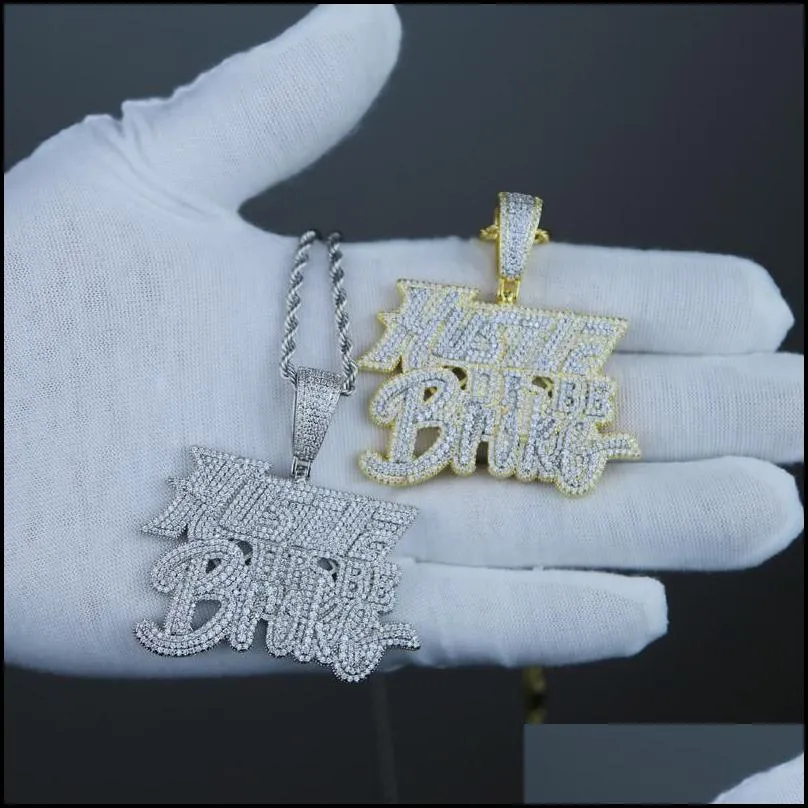 iced out bling men necklace jewelry micro pave 5a cz gold color rock punk hip hop letter hustle or be broke pendant necklaces