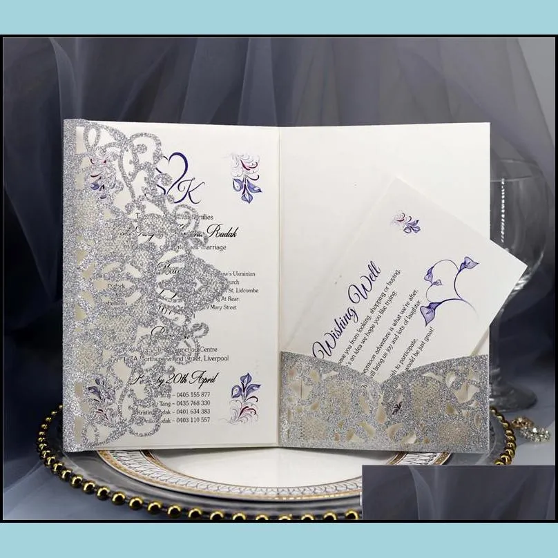 glitter laser cut wedding invitation cards hollow bridal shower wedding cards engagement birthday business graduation invitation card