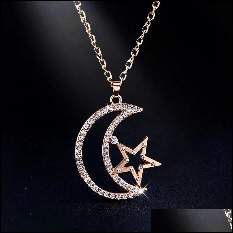 moon star pendant necklace color silver gold lovers engagement jewelry rhinestone necklaces