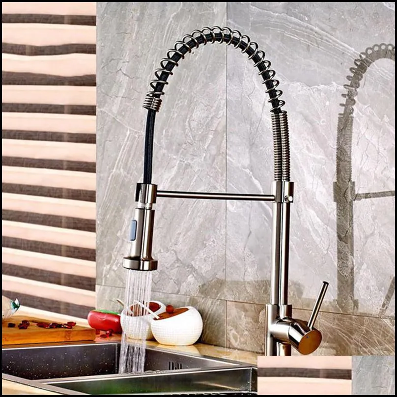 spring brushed kitchen sink faucet pull down sprayer nozzle single handle faucet mixer hot cold stainless steel modern t200423