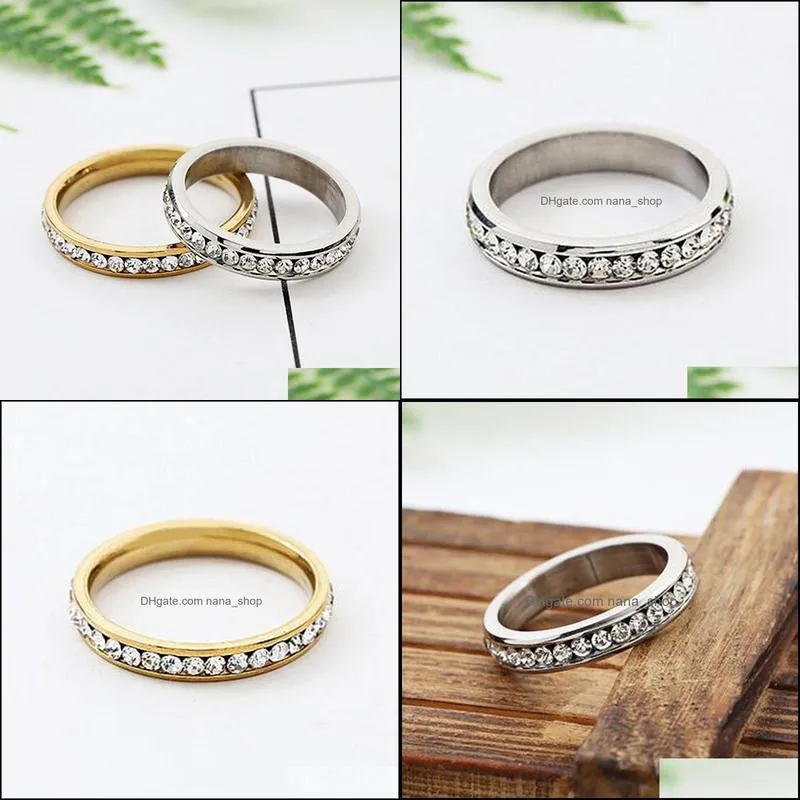 wholesale 30pcs 4mm gold silver mix crystal zircon rheinstone band stainless steel rings fashion charm wedding gifts jewelry