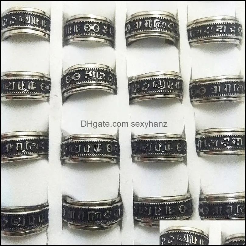 wholesale 25pcs spin buddhism inscriptions assorted stainless steel rings fashion jewelry summer ring for man women party ring