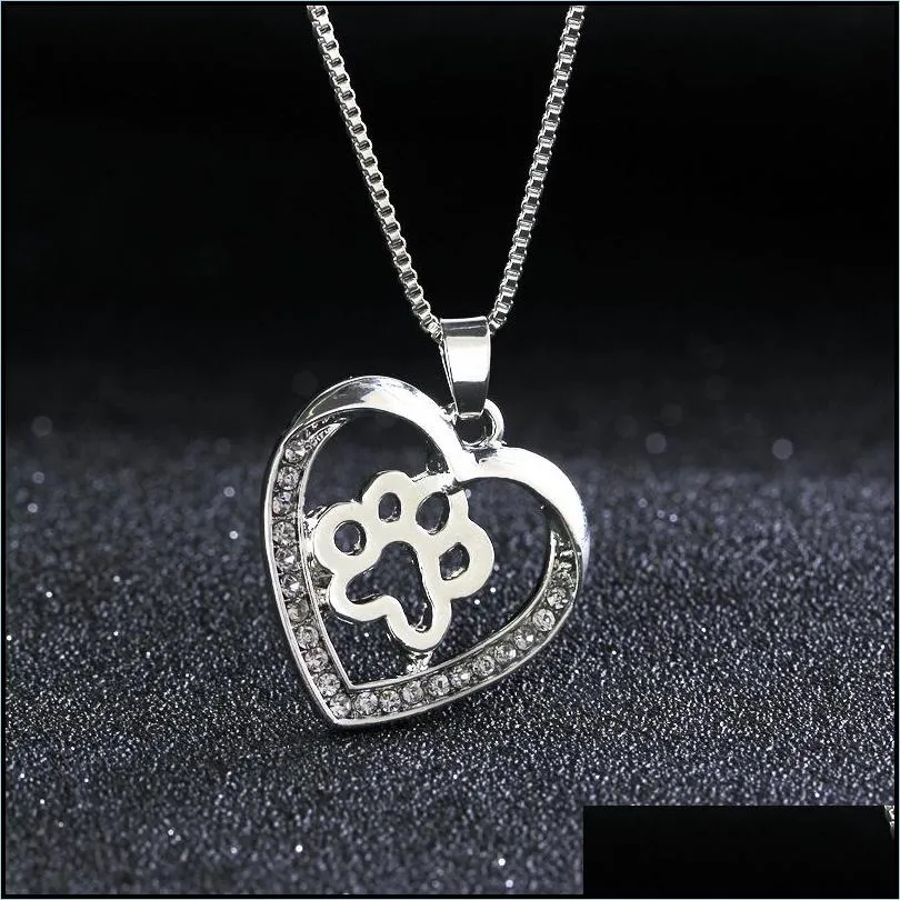 pet dog paw footprint hollow love heart pendant silver color choker necklaces for women jewelry heart necklace