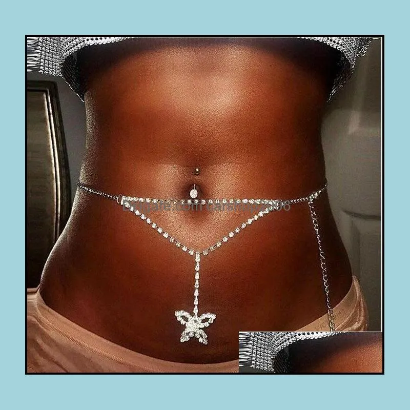 sexy rhinestone butterfly belly chains silver body jewelry for women beach bikini cystal waist lower back chain