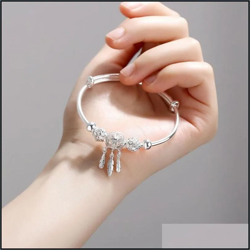 yhamni original 925 sterling silver dreamcatcher bracelet with feather tassel pendant round beads charm bracelets for women195d