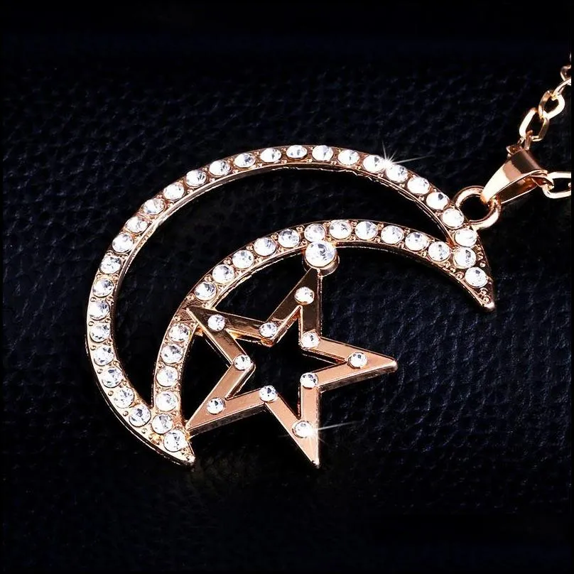 moon star pendant necklace color silver gold lovers engagement jewelry rhinestone necklaces