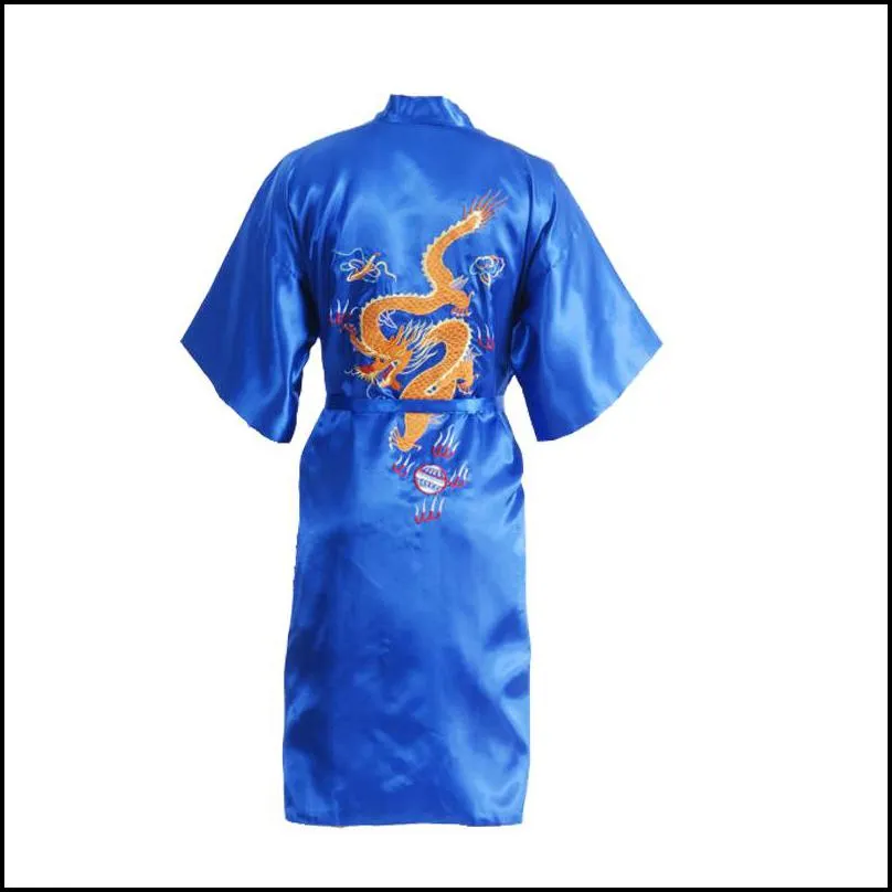 black chinese mens satin silk robe embroidery dragon kimono bath gown unisex loose bathrobe size m l xl xxl xxxl d0317 t200420