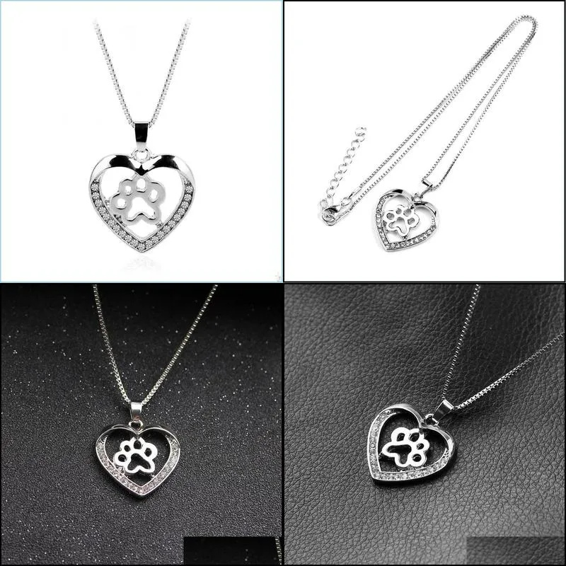 pet dog paw footprint hollow love heart pendant silver color choker necklaces for women jewelry heart necklace