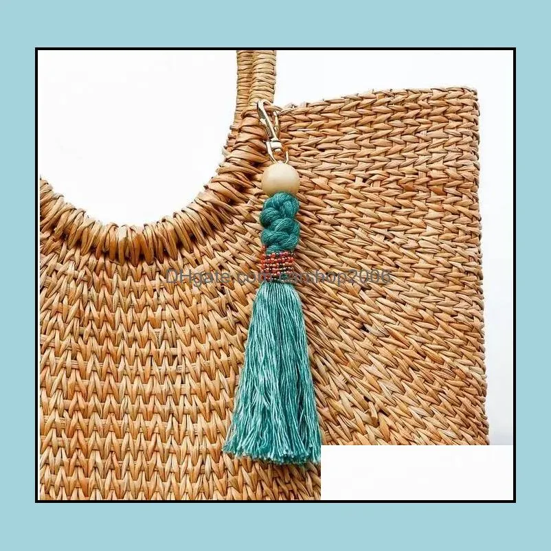 retro diy weave tassel bag hangs keychains handmade knot beads key ring holders fashion jewelry1