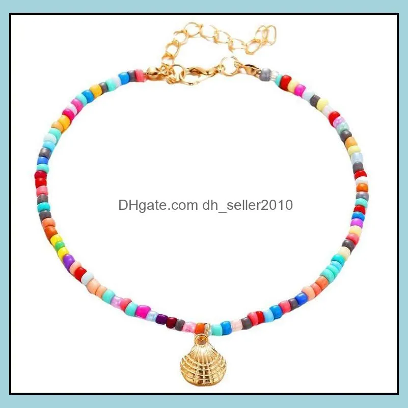 bohemian style color beaded anklet retro alloy scallop pendant foot chain beach footwear for women girls gift wholesale