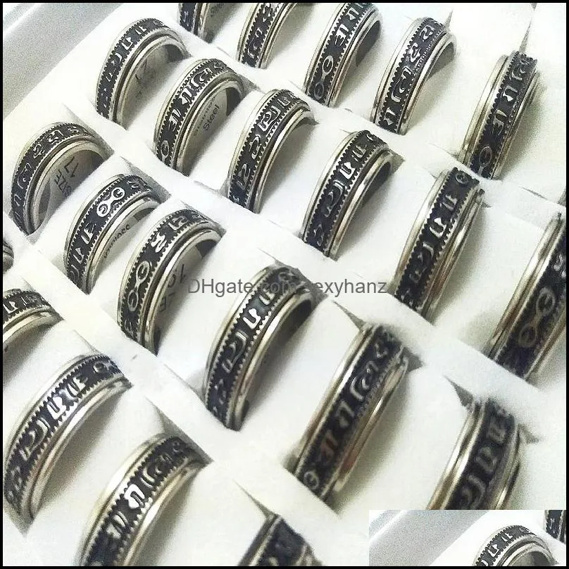 wholesale 25pcs spin buddhism inscriptions assorted stainless steel rings fashion jewelry summer ring for man women party ring