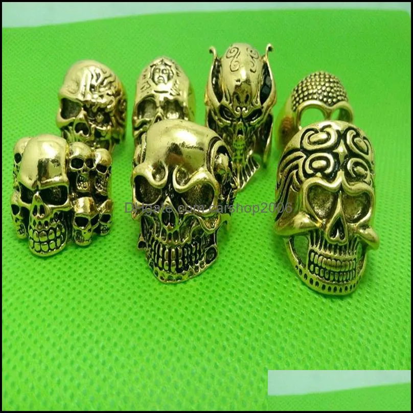 30pcs gold skull head patten skeleton alloy rings jewelry finger ring crystal men punk biker fashion assorted style wholesale