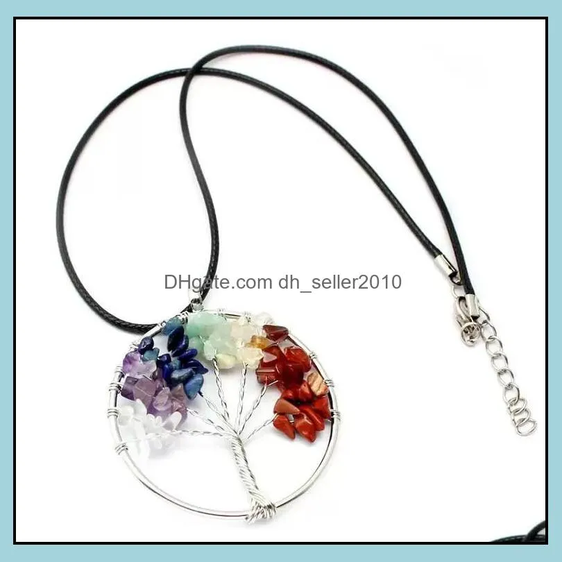 tree of life quartz pendant necklace rainbow 7 chakra multicolor natural stone wisdom tree leather chain necklace for girls gift