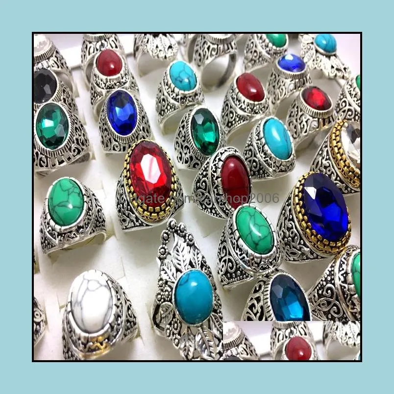 30pcs turquoise alloy rings jewelry finger ring crystal men women punk biker fashion assorted style wholesale