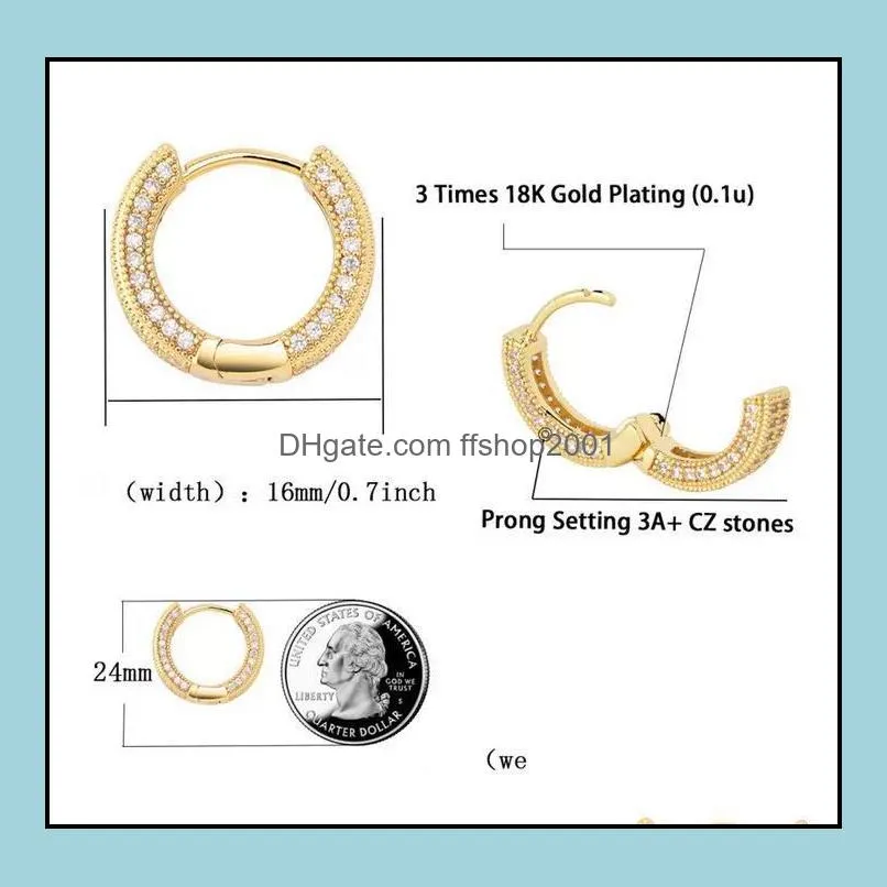 18k gold plated copper zircon hoop earrings men women hip hop jewelry iced out stud earings bling diamond earring for girls