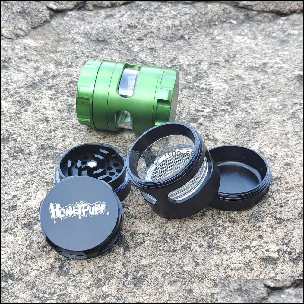 new window style herb grinder 50mm large 5 piece aircraft aluminum smoking herbal grinder with solid top metal tobacco grinder