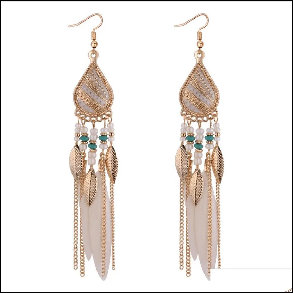 bohemia feather earring for women fashion jewelry beads tassel dangle long earrings dream catcher drop earrings