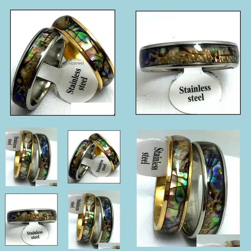 wholesale 15pcs 6mm abalone shell band stainless steel rings fashion jewelry summer ring for man women
