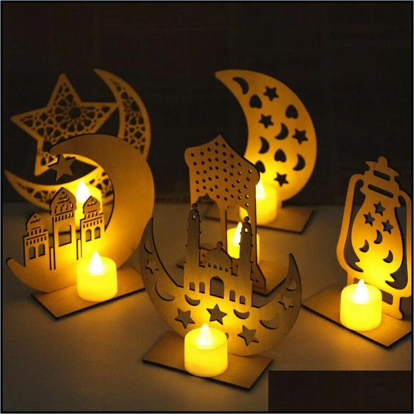 ramadan eid mubarak moon star led candles light ornaments wood plaque hanging pendant muslim islam eid party home decorations