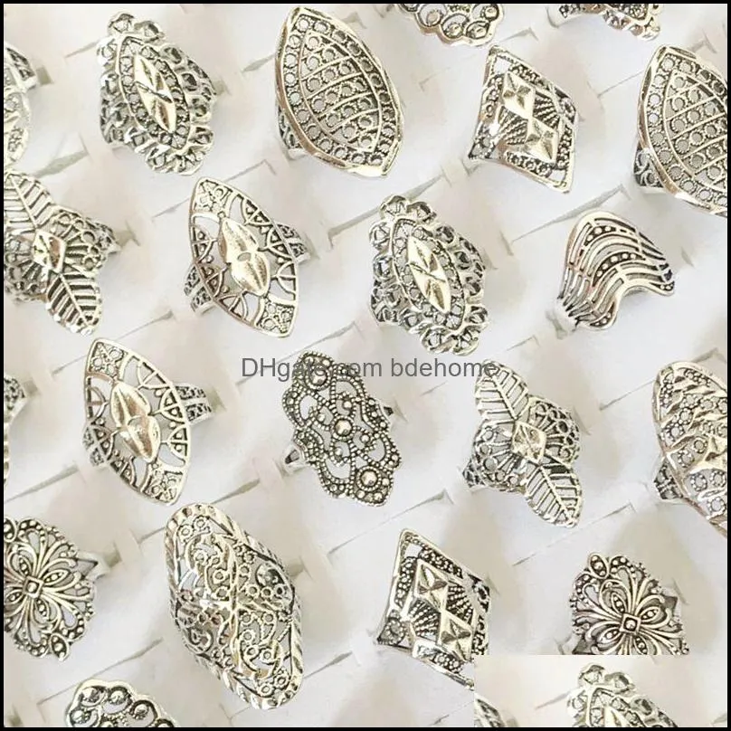 bulk lots 25pcs mix style vintage carved flower silver plated ring women party gifts alloy charm jewelry