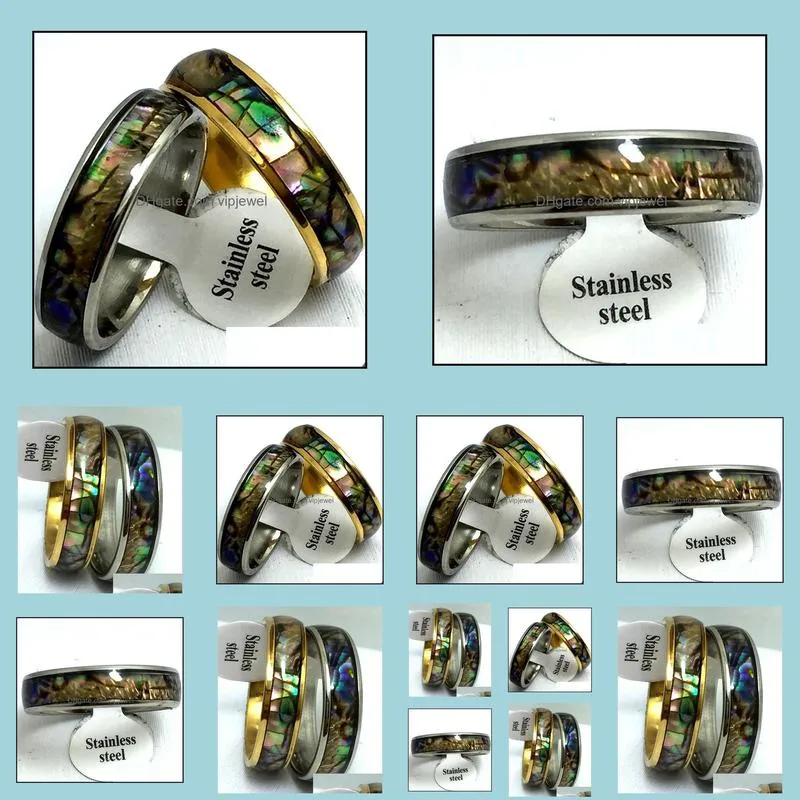 wholesale 15pcs 6mm abalone shell band stainless steel rings fashion jewelry summer ring for man women