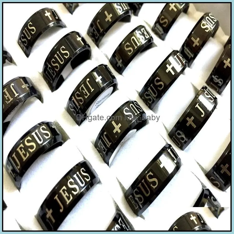 wholesale 36pcs black 8mm jesus cross 316l stainless steel rings christian enamel fashion band jewelry finger ring