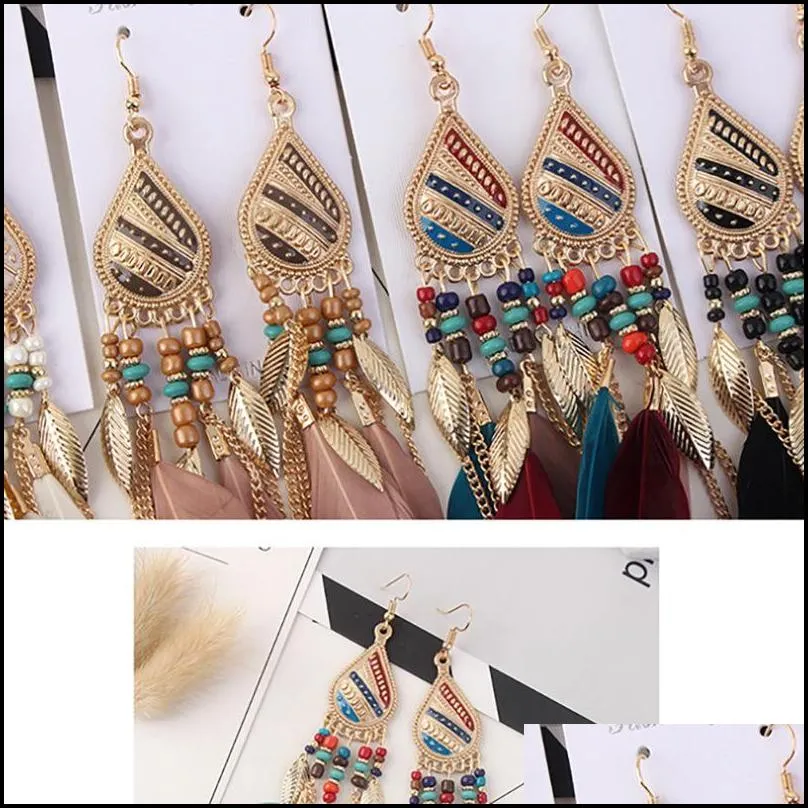 bohemia feather earring for women fashion jewelry beads tassel dangle long earrings dream catcher drop earrings