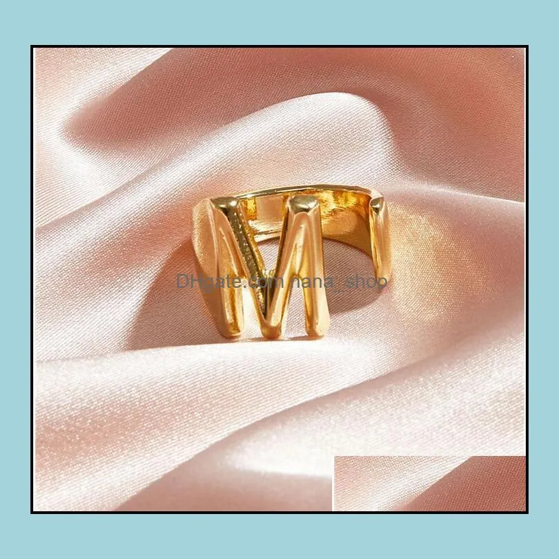 hollow az 26 letter open rings gold color metal adjustable opening ring initial name alphabet punk vintage statement rings party jewelry