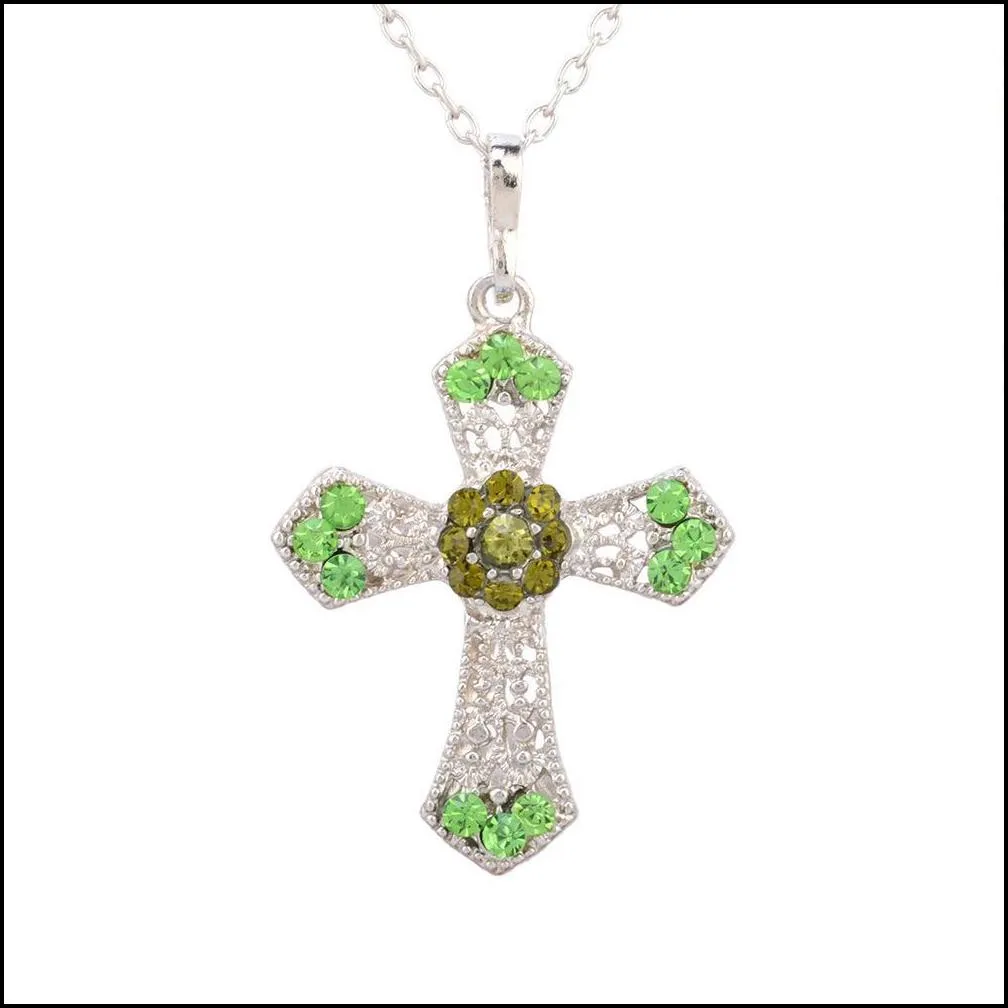 pretty cross pendant beautifully necklace for women sweater chain necklace silver color rhinestone crystal necklace