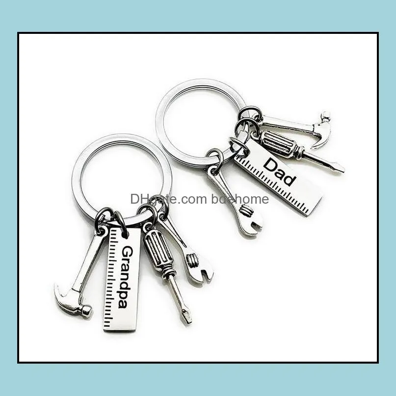 stainless steel fathers day keychain creative hammer screwdriver wrench tool keyring car key chain gift supplies