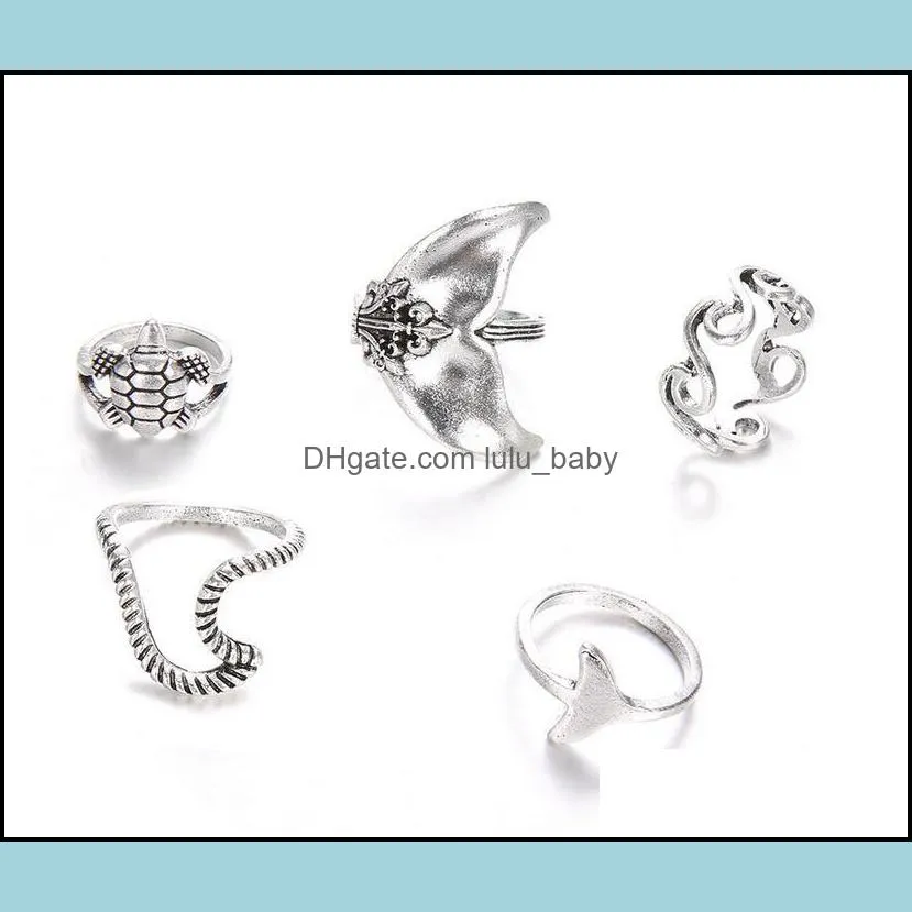 5pcs/set vintage rings for women boho geometric silver turtle whale tail waves ring set knuckle finger charm ring