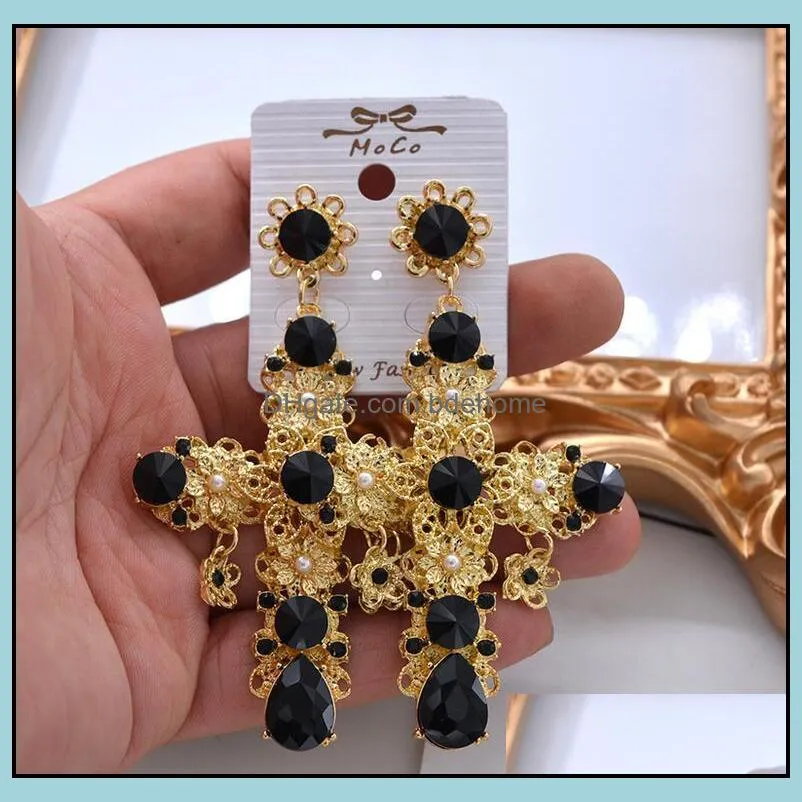 new vintage black purple crystal hollow out cross drop earrings for women bohemian large long dangle earrings jewelry gifts epacket