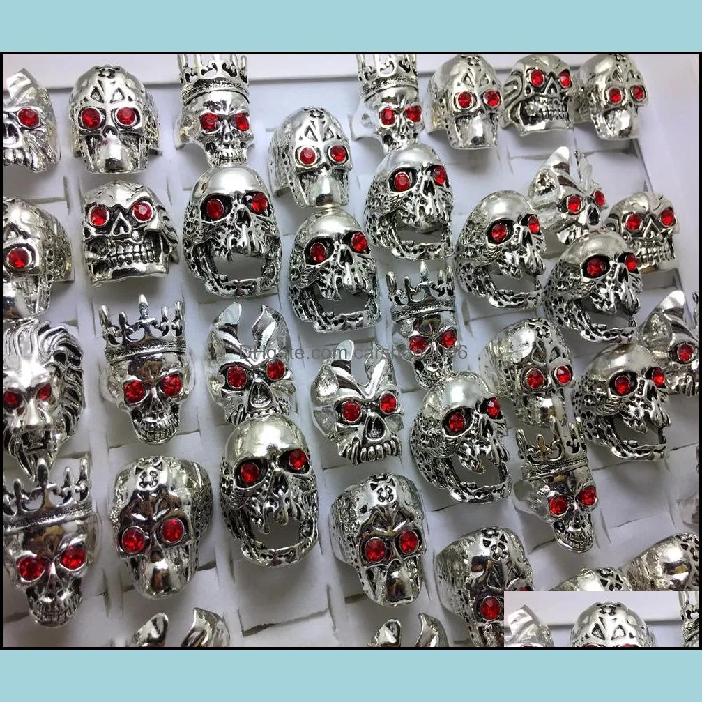 wholesale 20pcs mix red eye skull silver plated skull pattern rings jewelry finger ring punk biker fashion