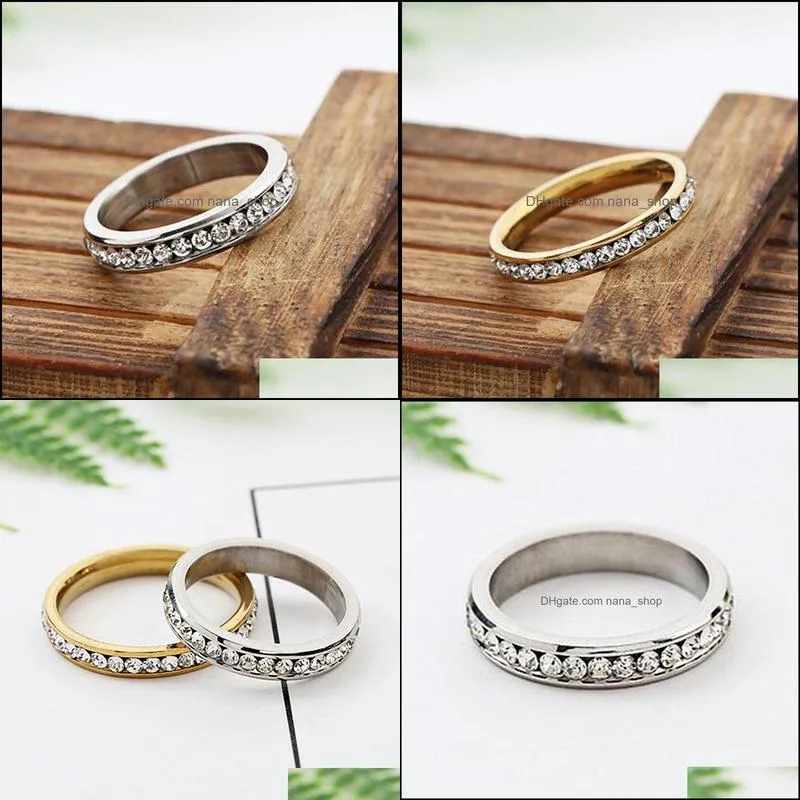 wholesale 30pcs 4mm gold silver mix crystal zircon rheinstone band stainless steel rings fashion charm wedding gifts jewelry