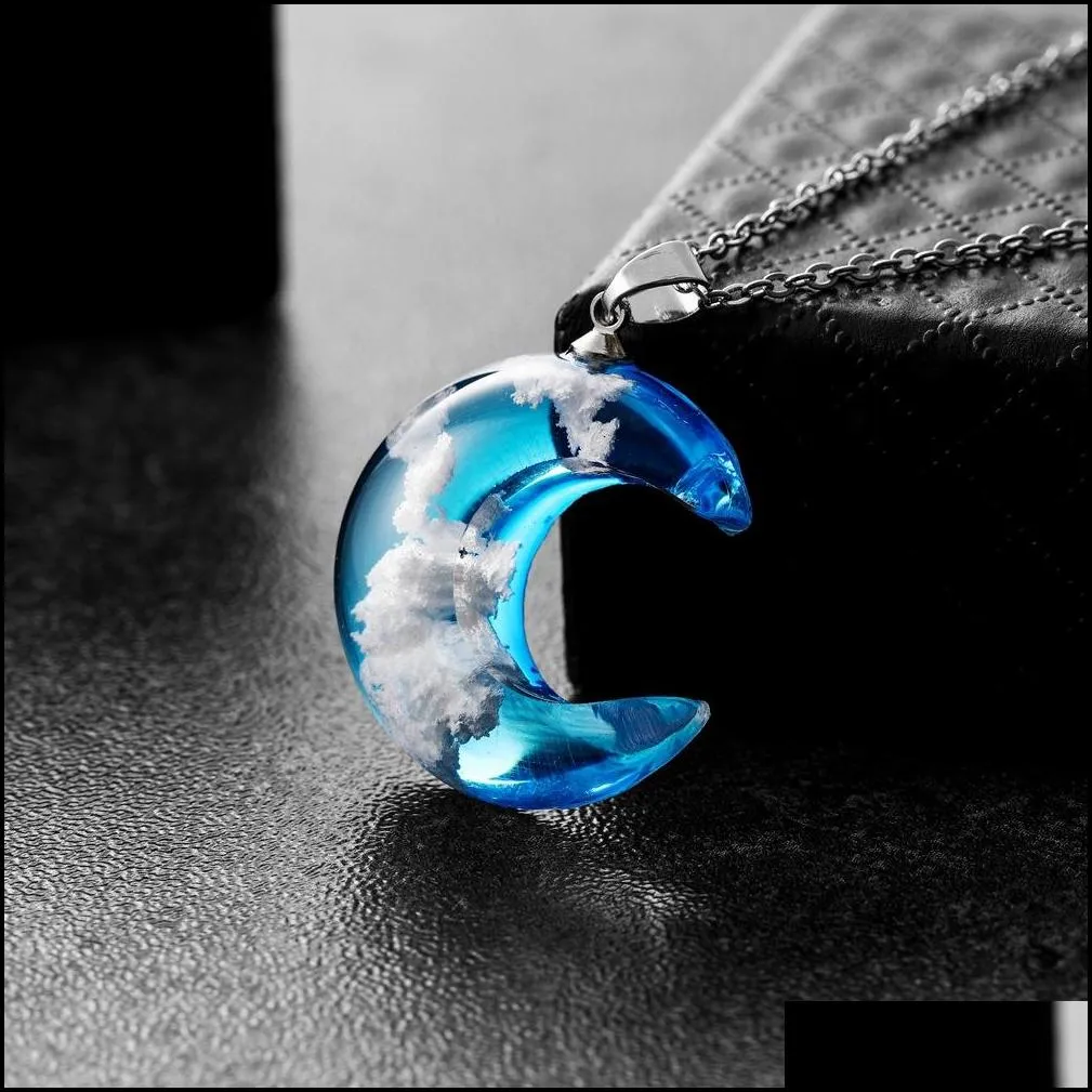 crystal glass necklace moon pendant blue sky white cloud transparent resin moon pendants necklaces women fashion jewelry gift