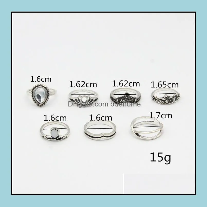 7pcs/set flower gemstone carved ring set antique silver plated vintage bohemian turkish fashion women accessories