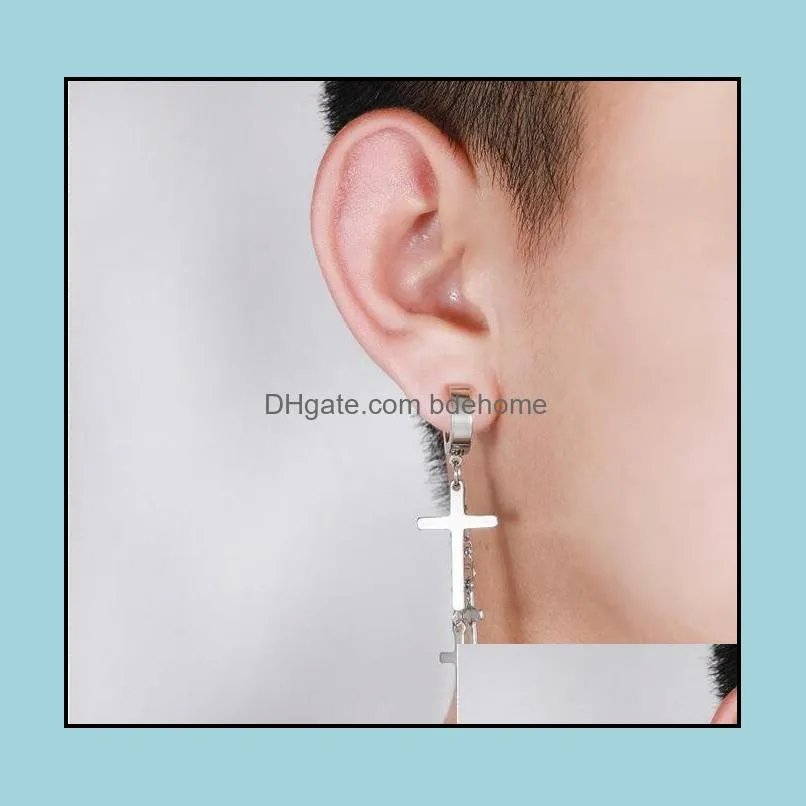 316l stainless steel hypoallergenic stud dangle earrings for mens punk rock black silver cross chain tassel earring